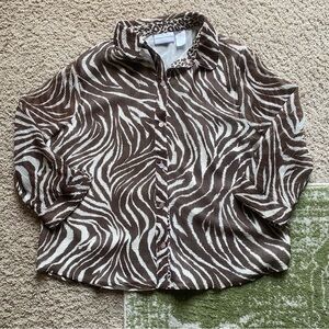 Alfred Dunner Brown & White Zebra Print Button Down Blouse